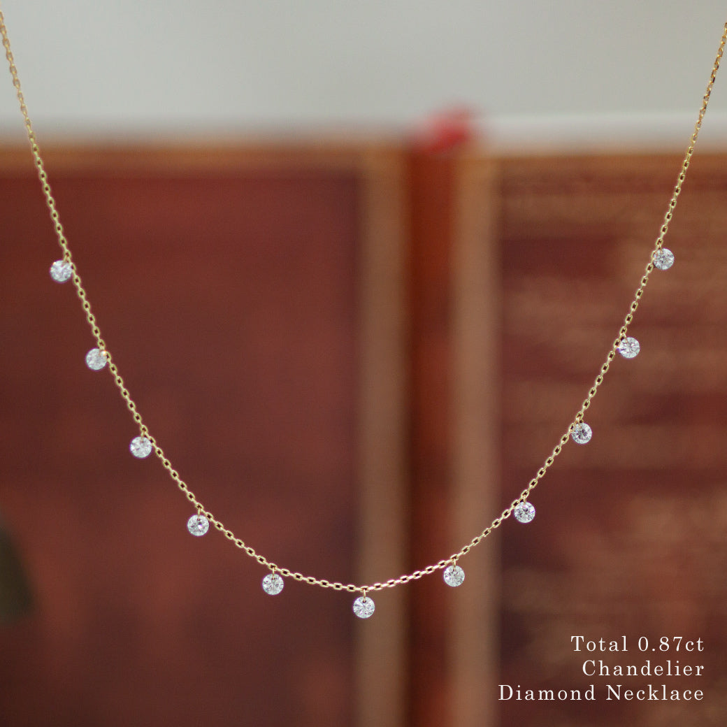 【LIMITED】【Natural】K18  フレームレスダイヤモンド シャンデリアネックレス 0.8ct