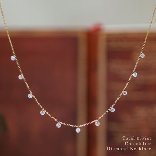 【LIMITED】【Natural】K18  フレームレスダイヤモンド シャンデリアネックレス 0.8ct