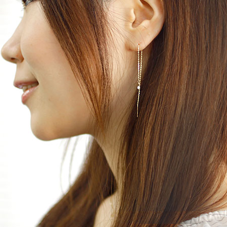 【Natural】K18  フレームレスダイヤモンド アメリカンチェーンピアス　0.16ct  0.20ct　