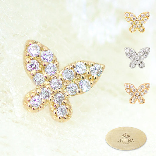 【Natural】K18 バタフライ パヴェダイヤピアス 0.07ct 片耳用　