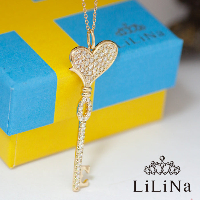 【Natural】LiLiNa K10 KEY to L  ハート キー パヴェ ダイヤ ペンダント 0.5ct