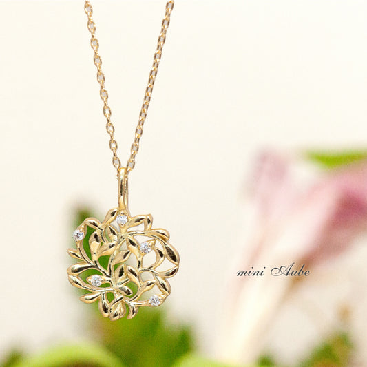 【Natural】K18  Green Leaf リーフデザイン ミニ オーブネックレス　