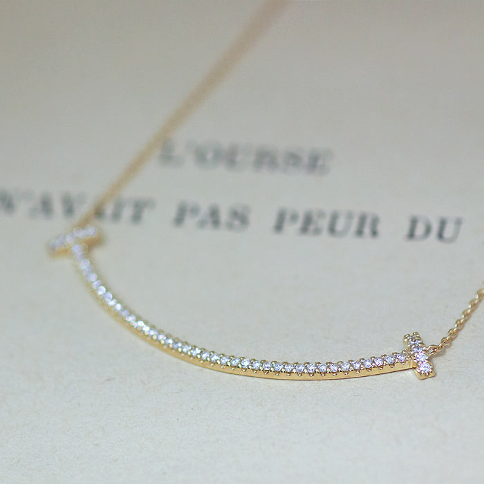 【Natural】K18 PT コンビ スマイル ラインネックレス 0.3ct　
