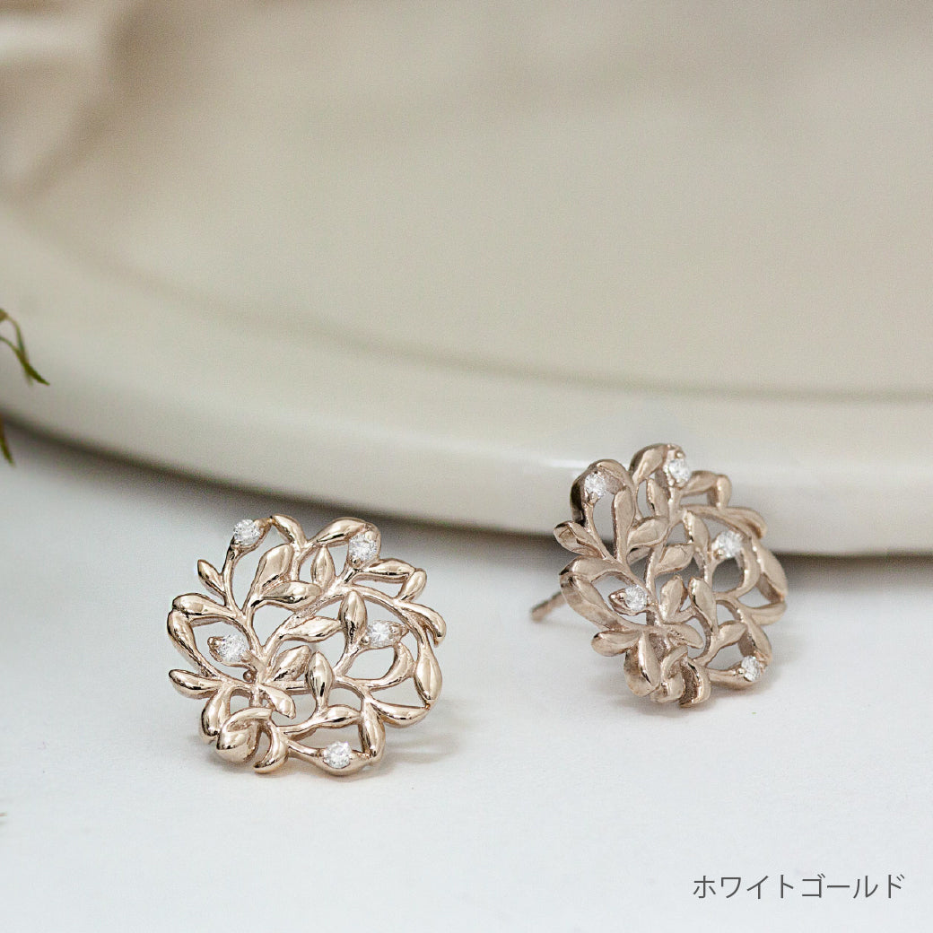 【Natural】K18  Green Leaf  リーフデザイン オーブスタッドピアス　