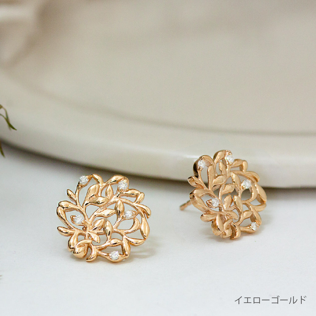 【Natural】K18  Green Leaf  リーフデザイン オーブスタッドピアス　